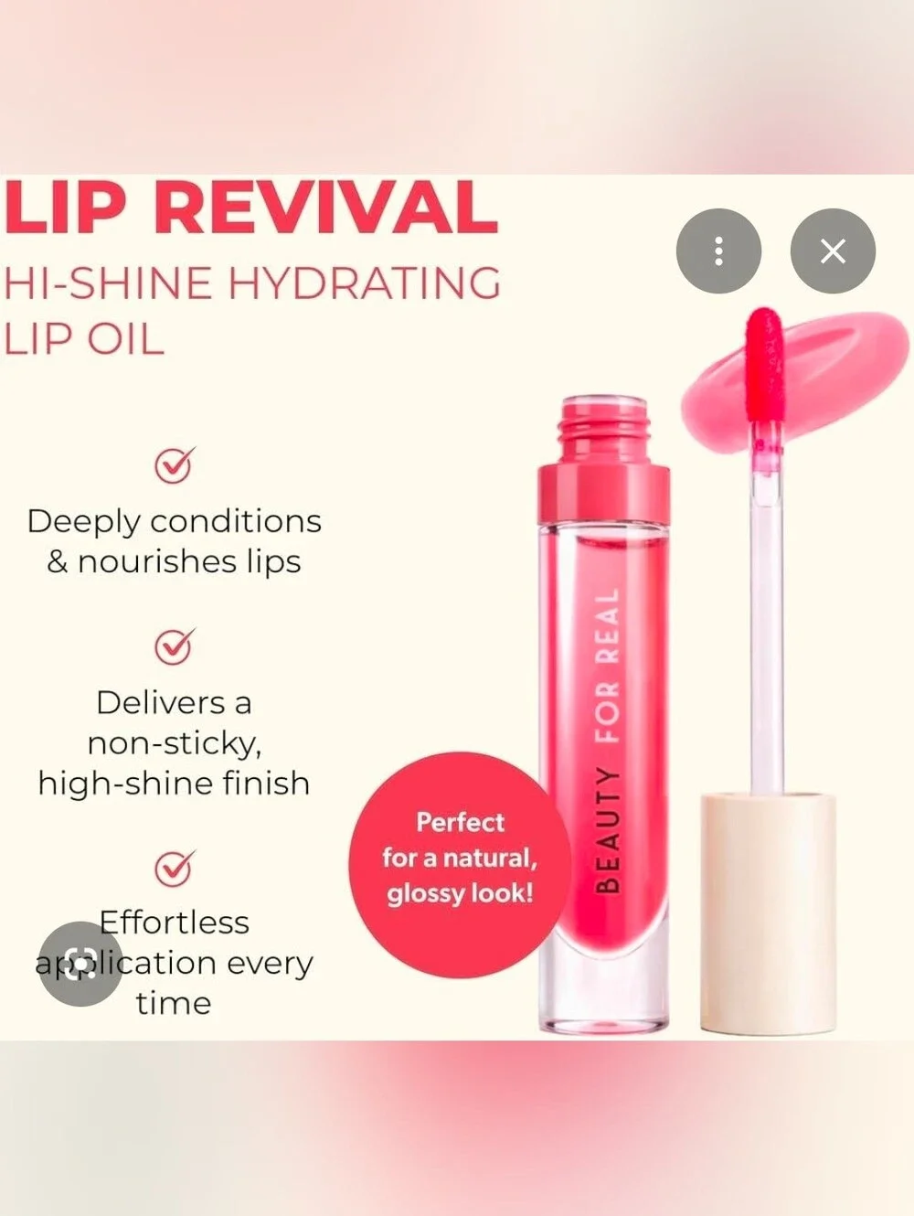Beauty For Real Lip Revival Hi-Shine Hydrating Lip Oil- Strawberry Field BNIB